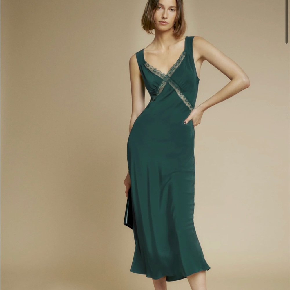 Reformation Provence Silk Dress in Forest - Size XL